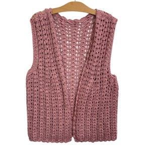 Vintage Pink Crochet Loose Knit Granny Vest Dusty Muted Pink Scallop Hem One Sz